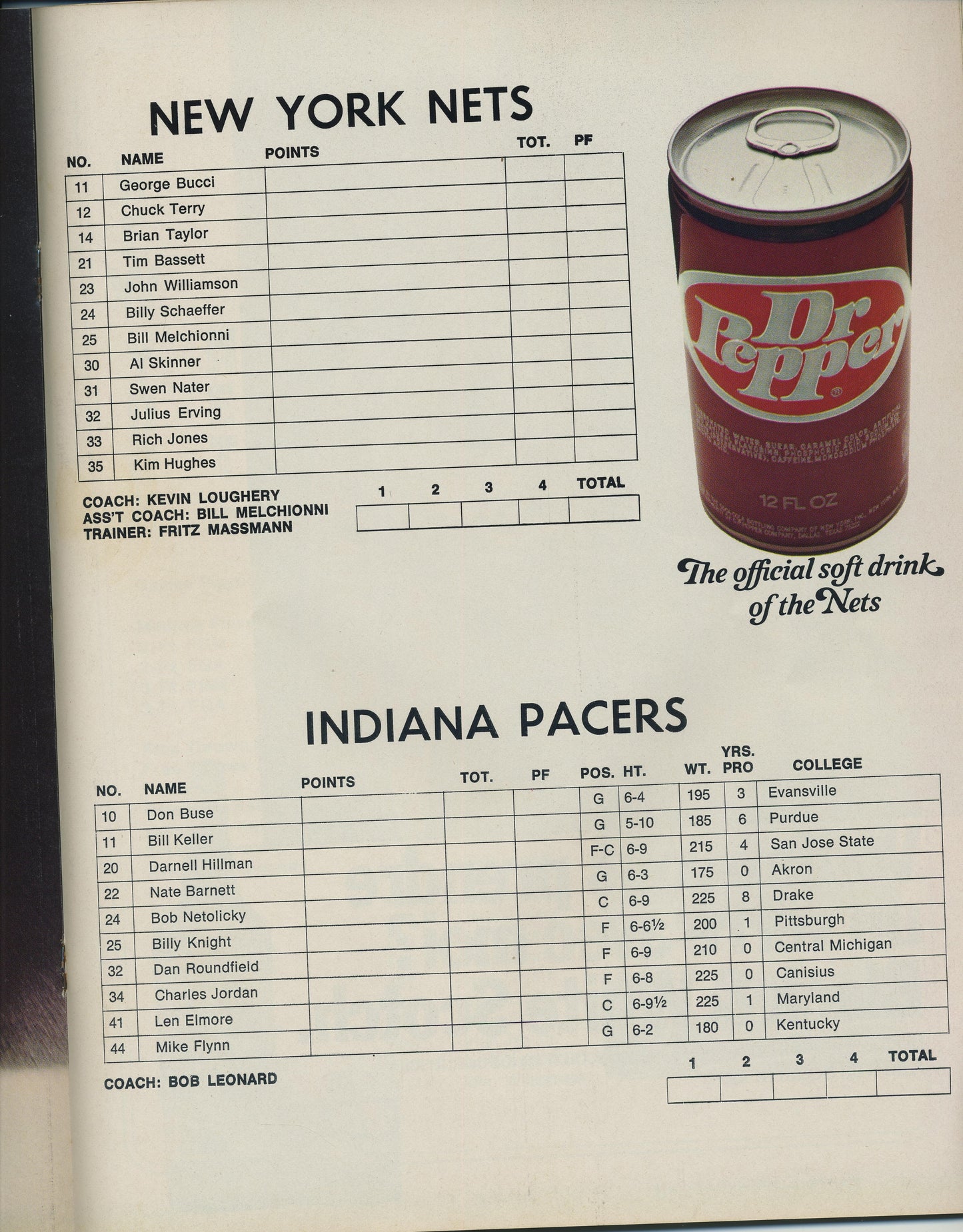 1975-1976 ABA New York Nets Complete Program Dr. J. V Indiana Pacers