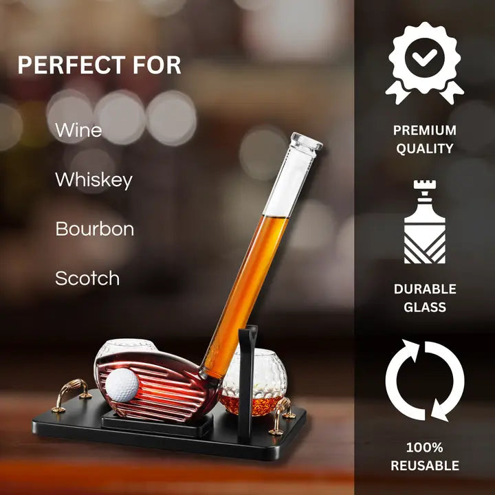 Golf Club Whiskey Decanter and 2 Liquor Glasses, 29 oz