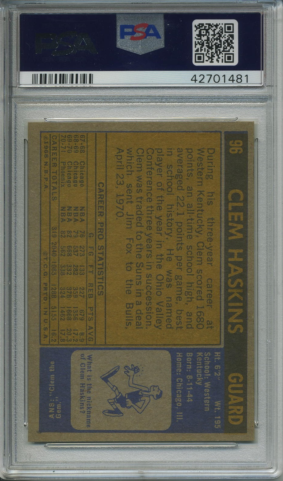 Clem Haskins 1971 Topps Basketball Card #96 PSA 4
