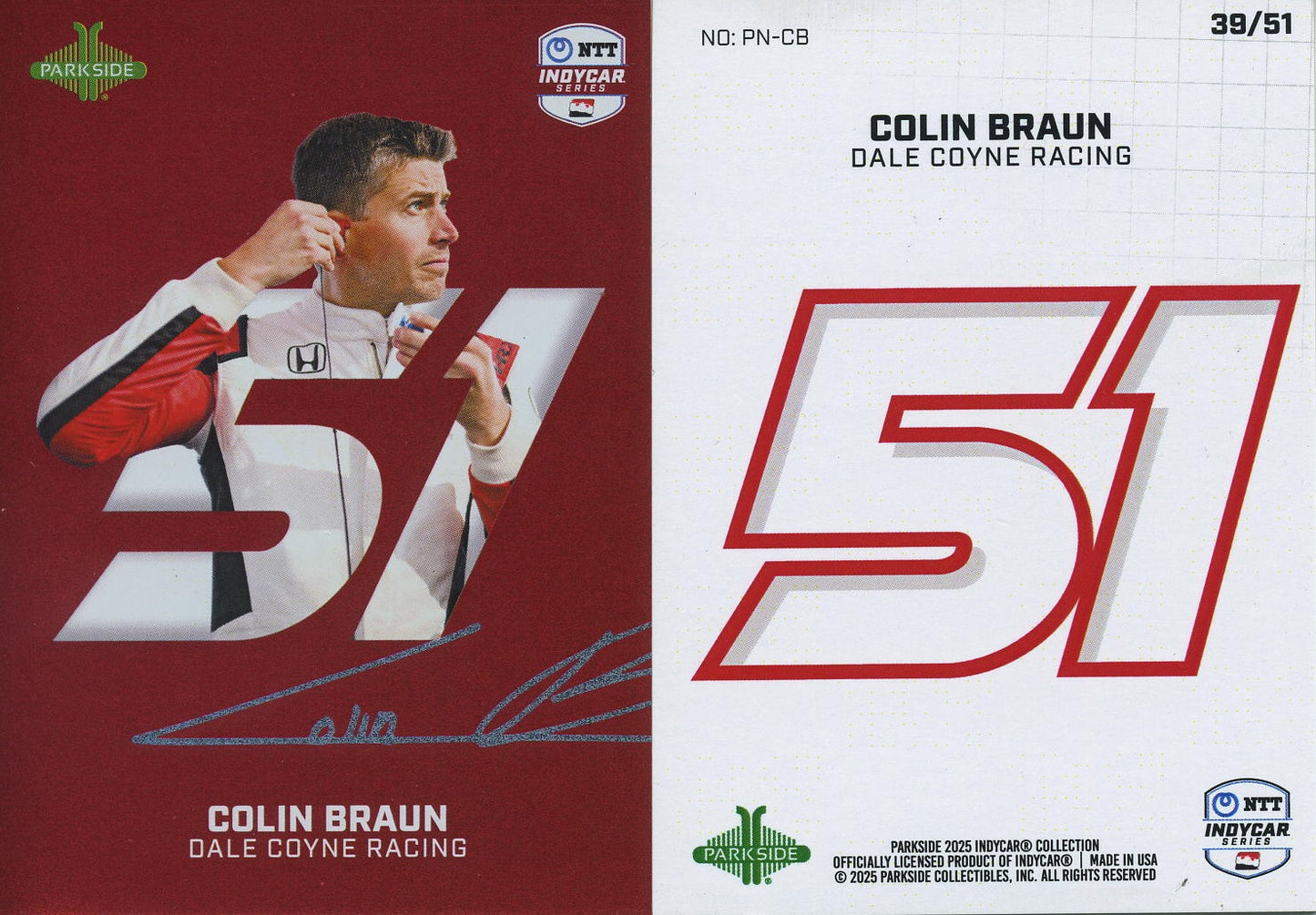 2025 Parkside IndyCarColin Braun Numeric Card 39 of 51