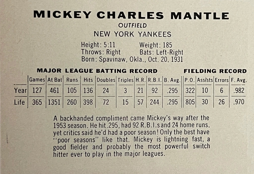 Sports Illustrated August 23rd 1954 2nd Issue Mickle Mantle Baseball Card