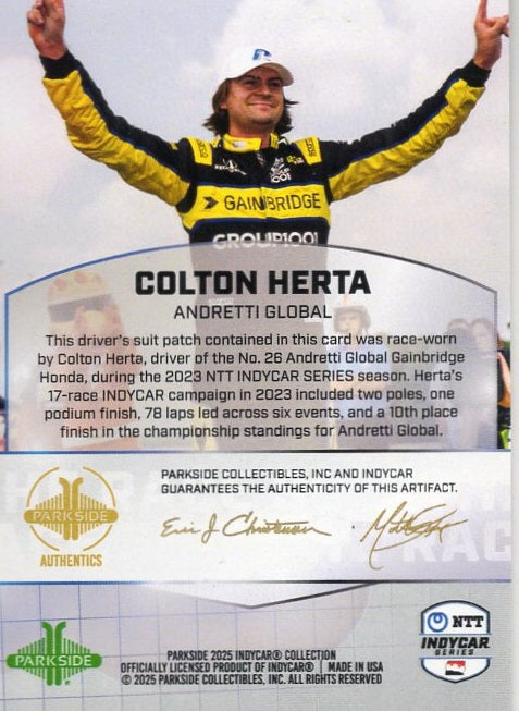 2025 Parkside IndyCar Herta Driver Suit Relic Card Andretti Racing F1