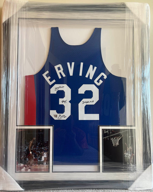 Julius "Dr J. " Erving Framed Authenticated Autographed Mitchell and Ness ABA Jersey with 2 Phots 8x10