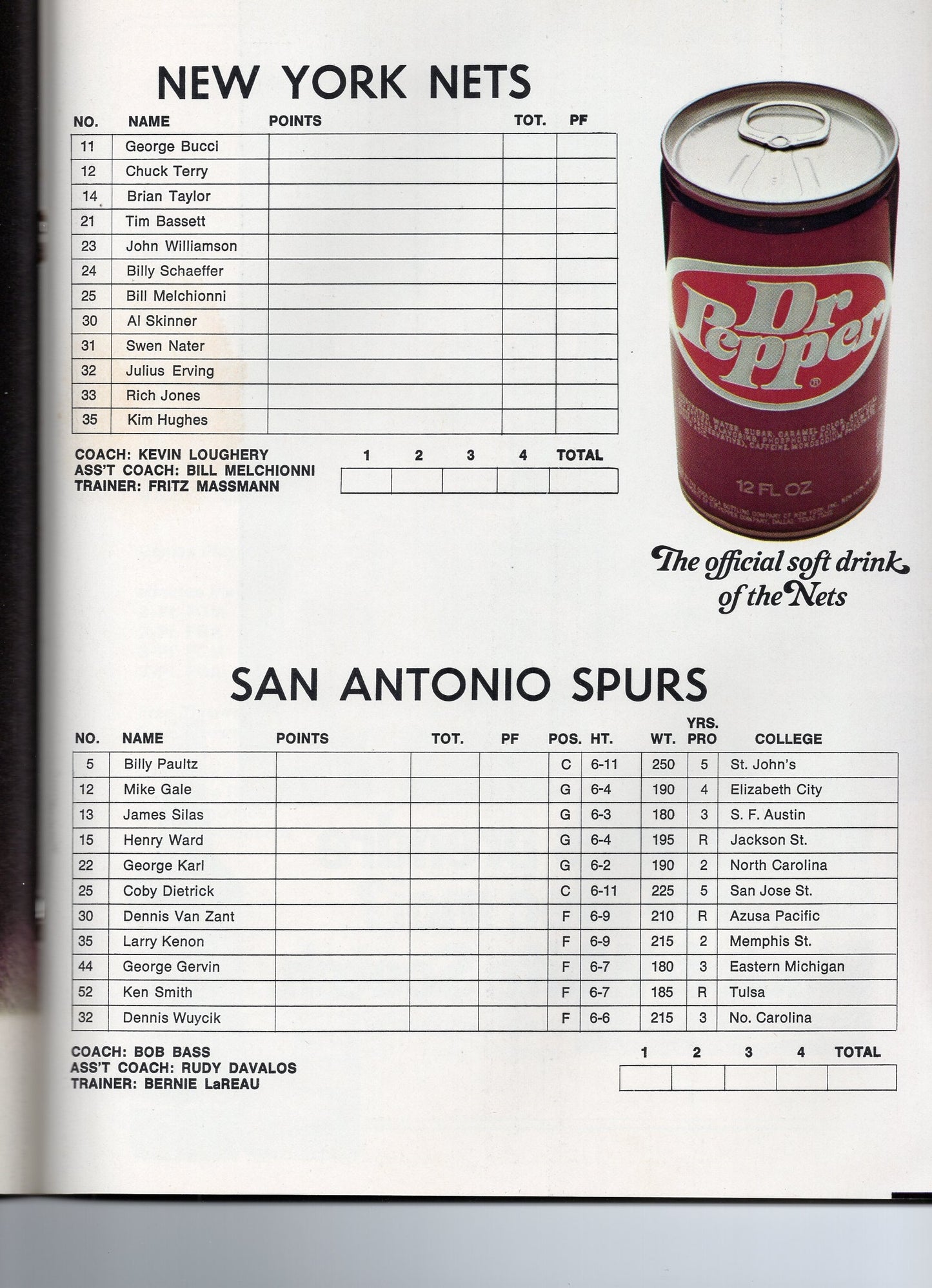 1975-1976 ABA New York Nets Complete Program Dr. J. v San Antonio Spurs Red Cover